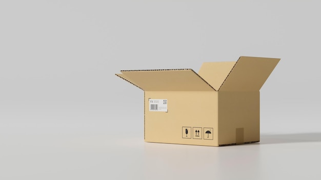 Opened parcel box mockup and copy space on white background. cardboard box, brown carton box. 3d rendering, 3d illustration