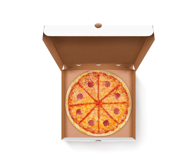 Opened pizza box with tasty pizza design mock up top view isolated