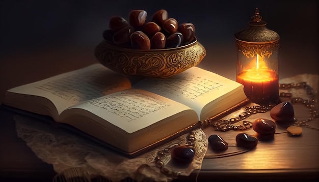 Opened the quran near the candle and sweet dates Ramadan the holy time for prayer generative ai