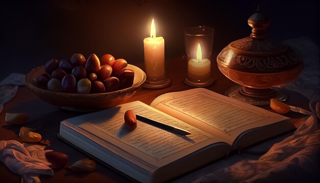 Opened the quran near the candle and sweet dates Ramadan the holy time for prayer generative ai