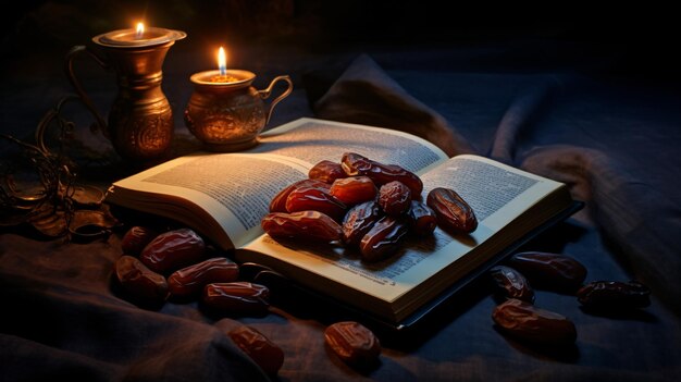 Opened Quran near dates Concept of Ramadan