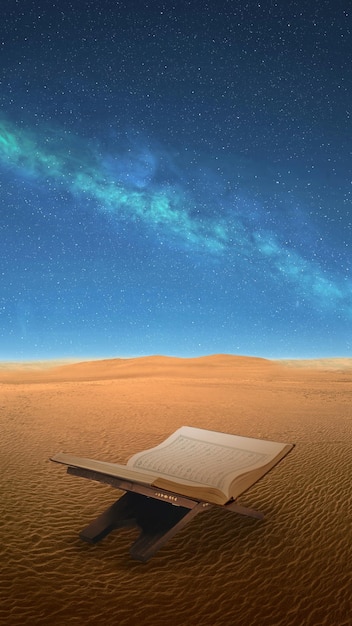 Opened Quran on a wooden placemat in the desert