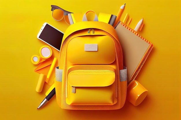 Opened School backpack with stationery on yellow background Generative Ai