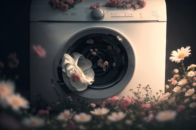 Opened Washing Machine with flowers ai generative