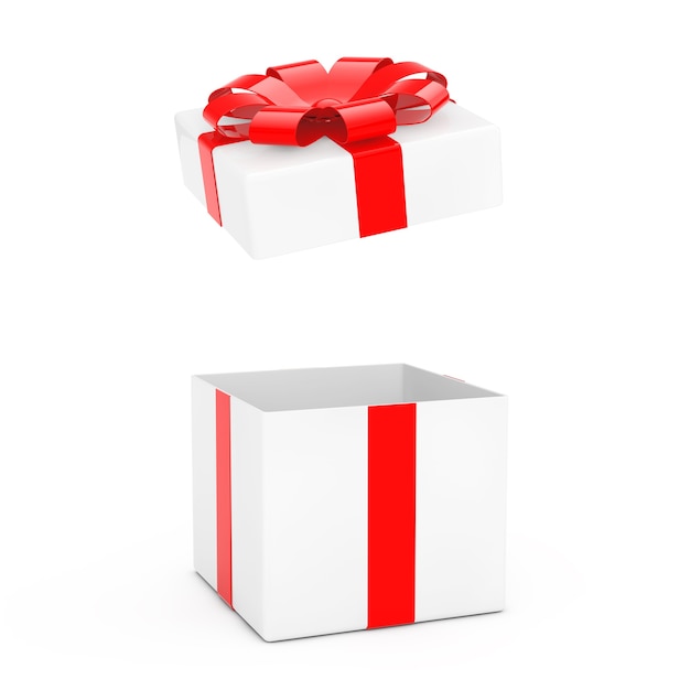 Opened White Gift Box with Red Ribbon on a white background. 3d Rendering