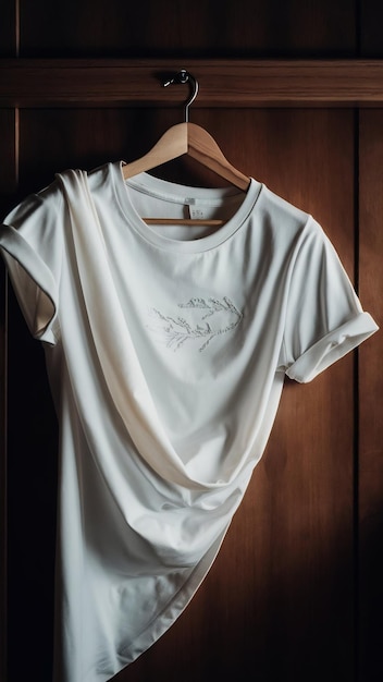 Opened white tshirt with hanger on wood background