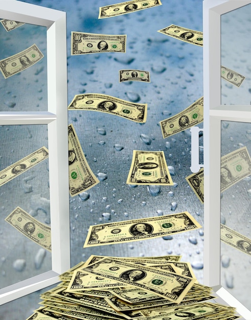 Opened window to the surface with drops of water and dollars flying away