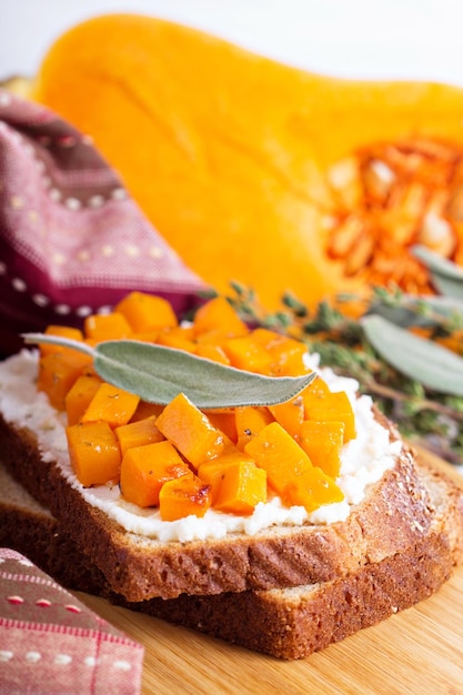 Openfaced sandwich with ricotta and squash