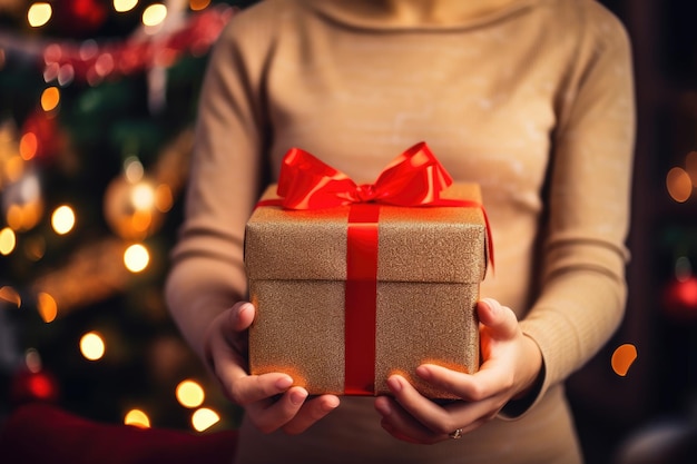 Opening Christmas Gift on Festive Christmas Tree Background Cosy Hands unwrapping Red Ribbon