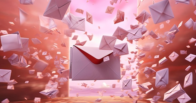 an opening mail with letters flying around in the style of light pink