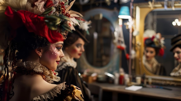 Opera singers in full costume and makeup rehearsing a duet in a backstage dressing room