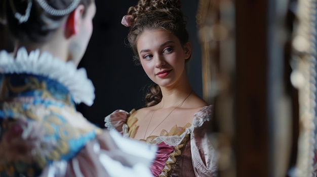 Opera singers in full costume and makeup rehearsing a duet in a backstage dressing room