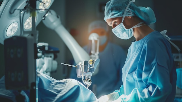 operating room in a hospital with both a surgeon and a robotic arm engaged in a medical procedure