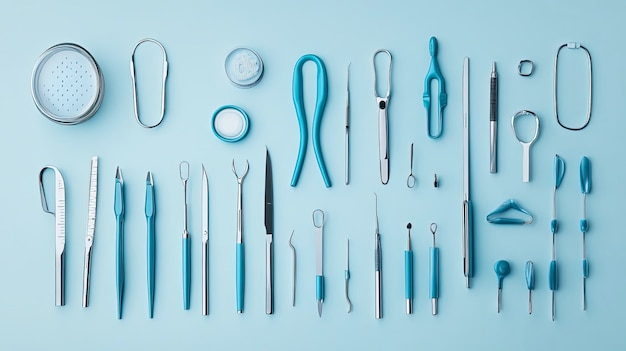 Photo operating room sterile and bright surgical tools laid out under intense white lighting