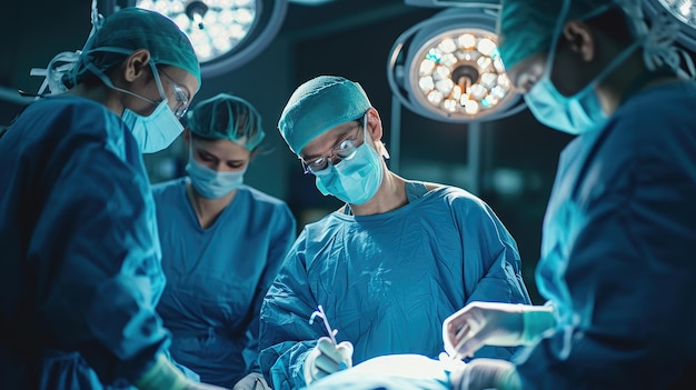 Operating room with a group of surgeon in surgical scrubs