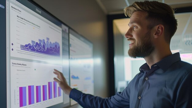 Photo operations manager reviewing performance data on large screen in office