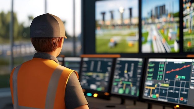 Photo operator monitoring multiple screens in a control room while overseeing construction activity during daytime operations