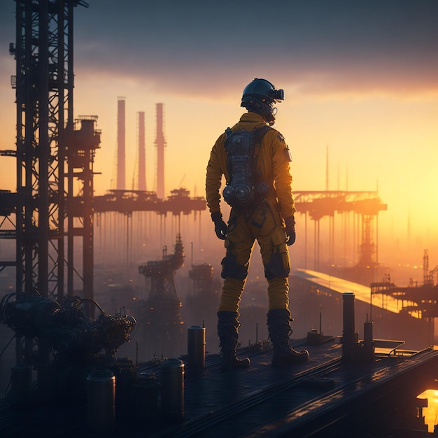 operator standing by the oil rig and controlling crude oil production