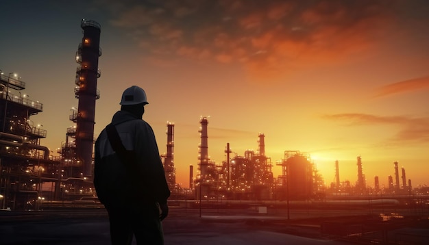 An operator standing facing the industry on sunset