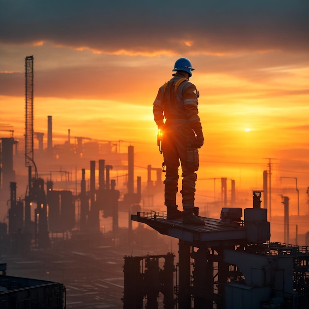 Operator in uniform smiling and standing cross arm in industrial factory