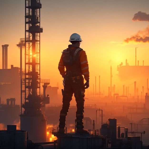 Operator in uniform standing cross arm in industrial factory