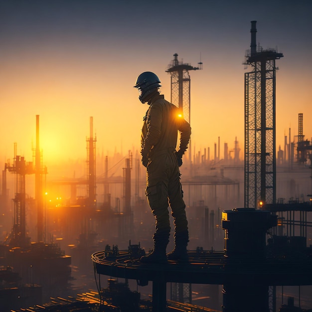 Operator in uniform standing cross arm in industrial factory