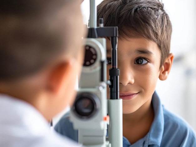 ophthalmologist checks the eyesight of a boy with special ophthalmic equipment An appointment with an ophthalmologist