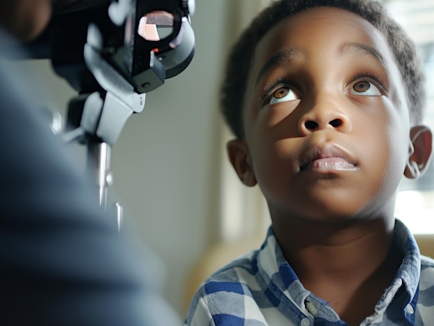 ophthalmologist checks the eyesight of a boy with special ophthalmic equipment An appointment with an ophthalmologist