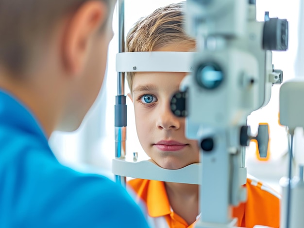 ophthalmologist checks the eyesight of a boy with special ophthalmic equipment