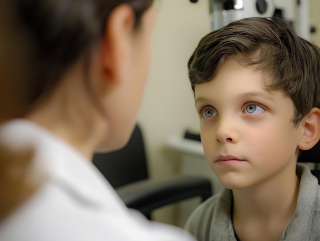 ophthalmologist checks the eyesight of a boy with special ophthalmic equipment