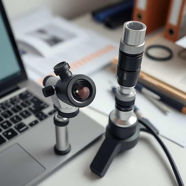 Photo ophthalmoscope on doctors desk with laptop and patient files