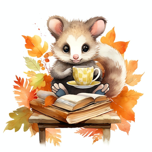 Opossum with book and mug in autumn woodland