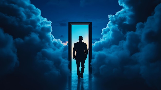 Opportunity Awaits A man walks through a door to a brighter future symbolizing hope new begi