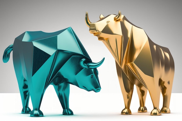 Optimistic And Pessimistic Markets A pair of bull and bear statuettes made of metal