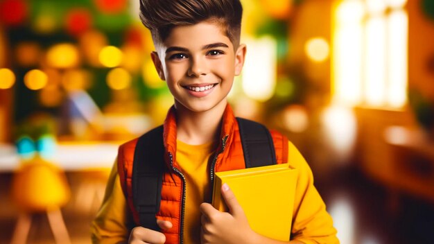 Optimistic schoolboy holding textbooks in bright corridor