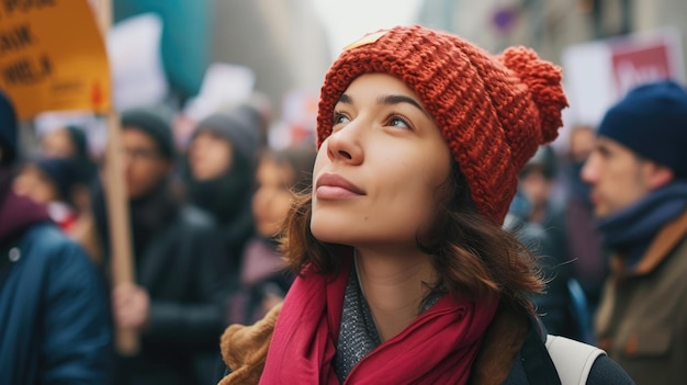 Optimistic young woman in knit hat at rally hopeful gaze