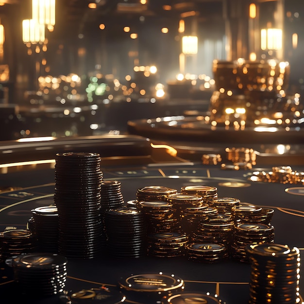 Photo opulent blackjack table surrounded by black and gold chips