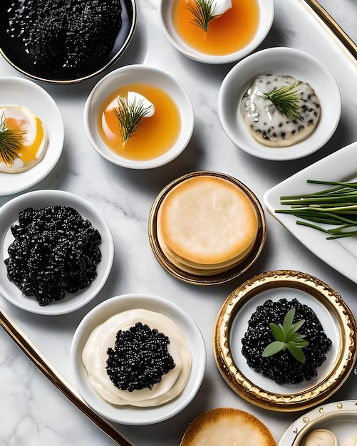 An opulent caviar flight with a selection of premium caviars blinis creme fraiche and chives