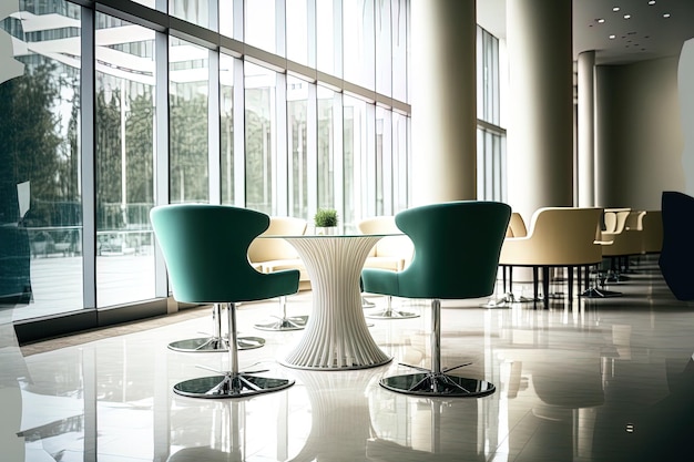 Opulent chairs and a table in a large light filled hall