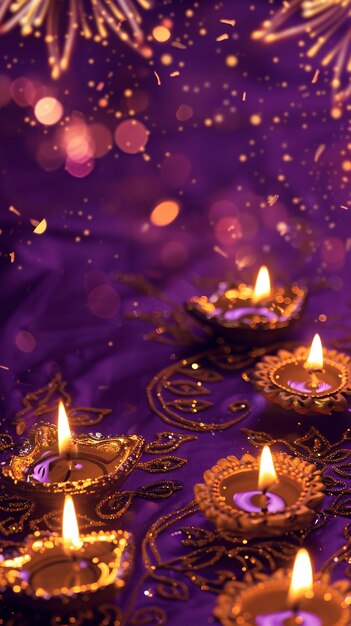 Photo opulent diwali scene with a luxurious royal purple base featuring elegant gold floral designs sparkling fireworks and an arrangement of glowing oil lamps oriental festival of lights ramadan