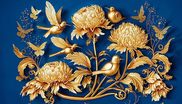 Opulent Elegance Gold Foil on Blue with Peonies Birds amp Butterflies Vintage Luxury for Textiles