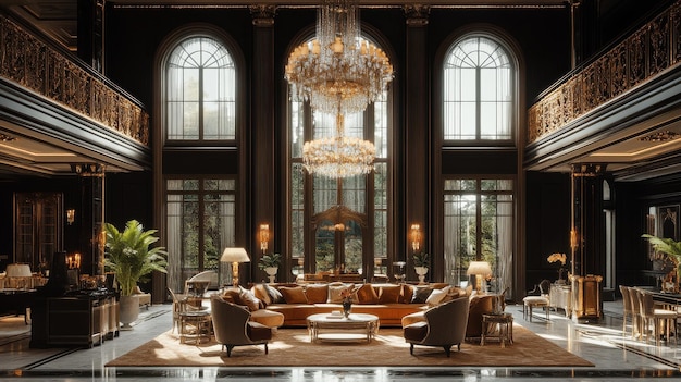 Photo opulent elegance luxurious mansion interior with grand chandeliers concept