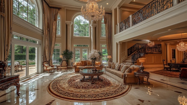 Photo opulent elegance luxurious mansion interior with grand chandeliers concept