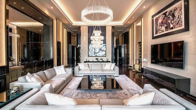 An opulent living room in a luxury estate featuring velvet furniture