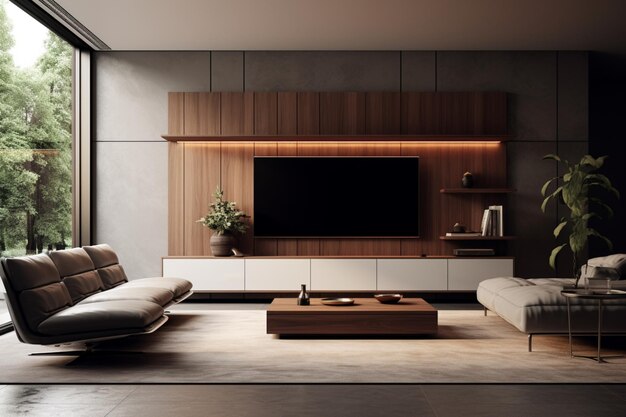 Opulent modern TV cabinet with a minimalist table and wooden panel