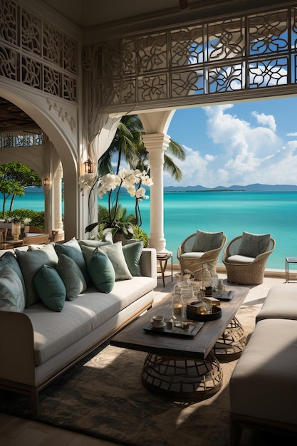 An opulent penthouse suite overlooking the white sandy beaches and turquoise waters of an exclusive