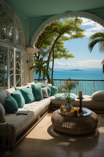 An opulent penthouse suite overlooking the white sandy beaches and turquoise waters of an exclusive