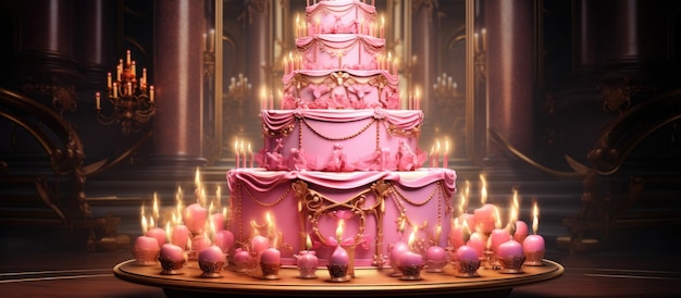 Opulent pink birthday cake with abundant golden candles