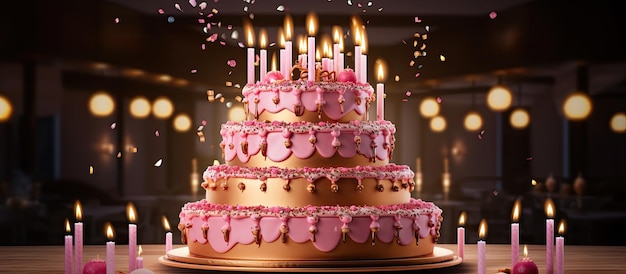 Opulent pink birthday cake with abundant golden candles