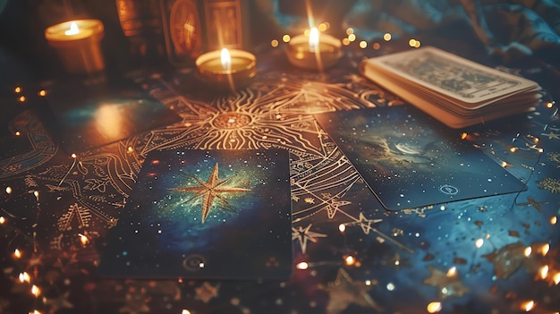 Photo oracle cards laid out on a celestial map with areas for copy